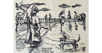 Foto 2019-02-22-Nachtwächter-auf-Abwegen.jpg: In der im Juni 1957 erschienenen Ausgabe der „Ravensberger Heimat“ erinnerte Luise Bücker an Nachtwächter „Kübenbrink“, den sie zeichnerisch mit „Hurlbrincks Dackel Schnurzel“ auf die Straßen im „Buine“ des Jahres 1870 schickte.